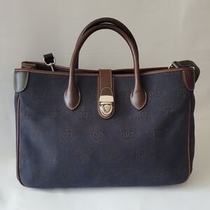 Dooney & Bourke Signature Navy and Brown Canvas and Leather Trim Satchel Bag